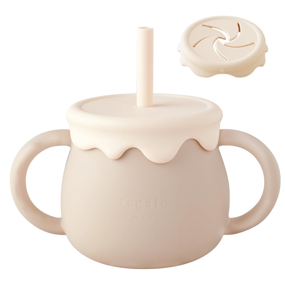 

regalo Silicone 3-Way Snack Cup, Food Sanitation Inspected, Replaceable Lid, Shatterproof, Baby Gift, 3-Way Mug (Beige)