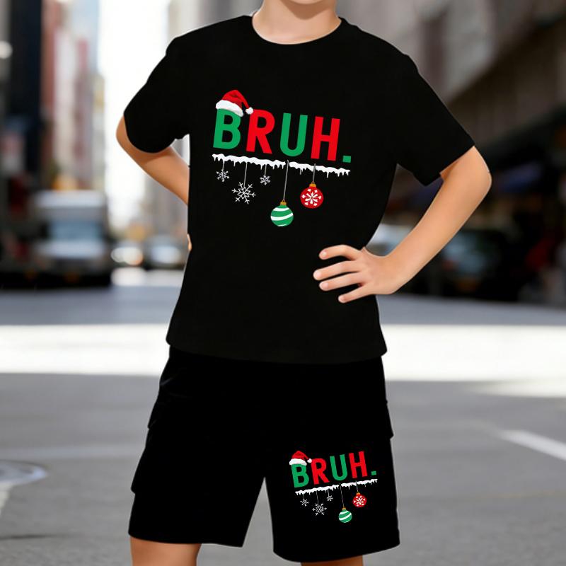 

Boys 2 Piece Christmas Decoration Printed Outfit, Short Sleeve T-Shirt and Shorts Set for Kids Age 5-14,white,Black Sporty Casual Summer Clothes 5-6 Years чёрный