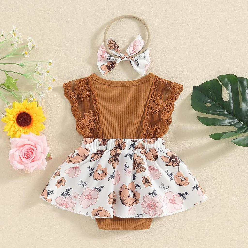 Baby Girl Summer Jumpsuit 3 6 12 18 Months Floral Print Lace Patchwork Romper Dress and Headband Set Cute Fashion Clothes Outfits