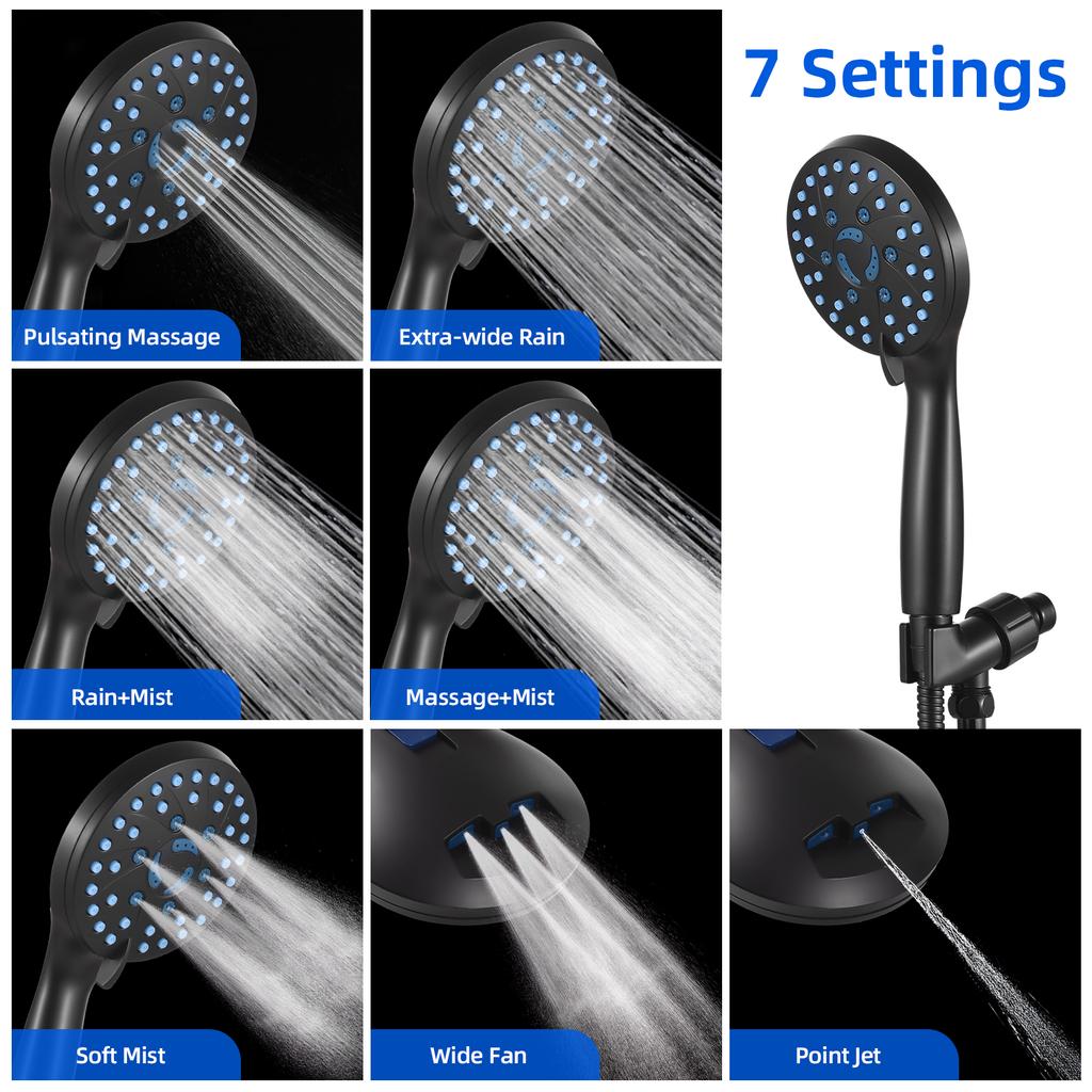 High Pressure Shower Head 7-mode Handheld Shower Head Anti-clog Nozzles Showerhead with 62-inch
