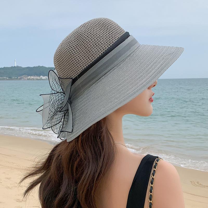 Summer ladies organza flower knitted head big edge beach hat outdoor shading sun protection travel fisherman hat tide