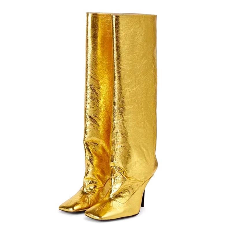 Fashion Silver Gold Fine Heel Square Head Knee Length Boots 2025 Winter New Versatile Slim Sleeve Long Boots Large 43 Women's Shoes