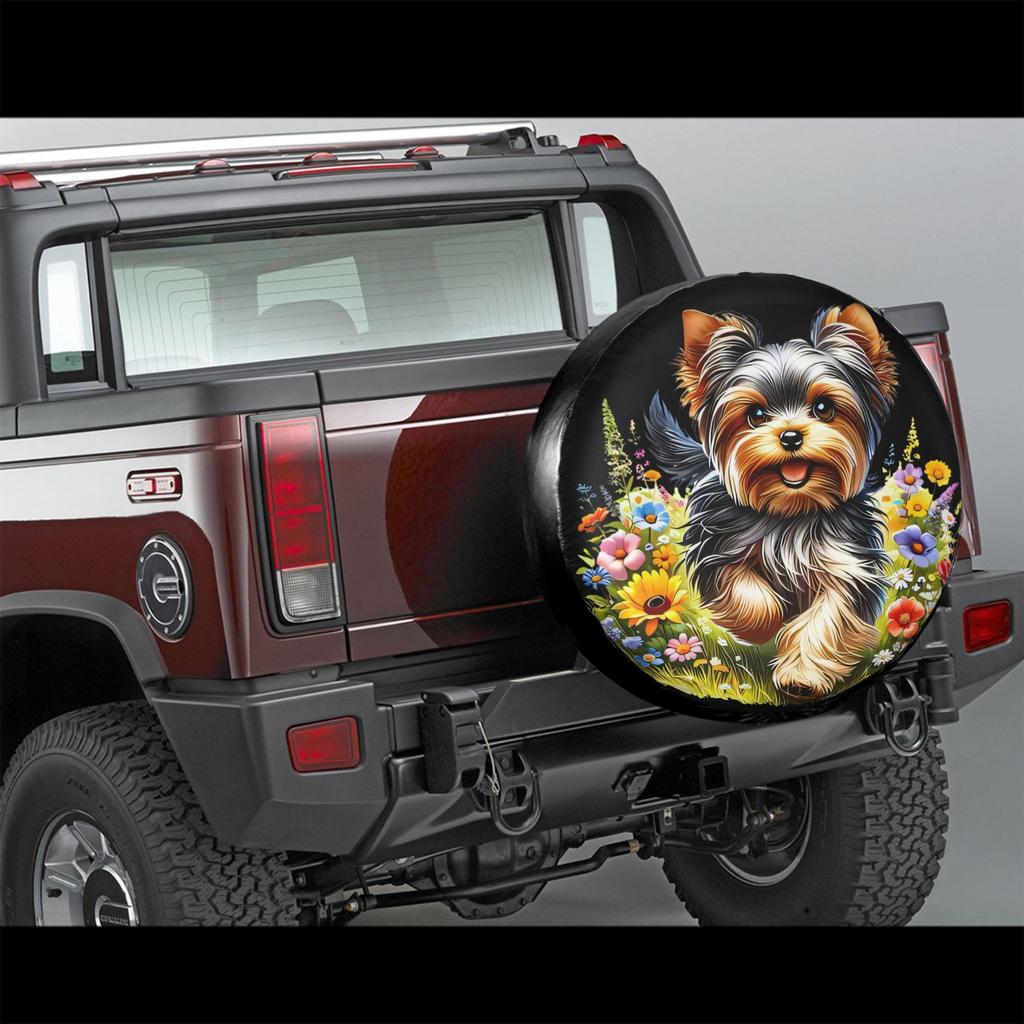 Yorkshire Terrier Dog in Flowers Spare Tire Cover Durable Outdoor Protection for SUVs