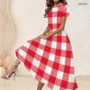 Women Plus Size White Printed Round Neck Short Sleeve Gathered Waist A Line Long Dress