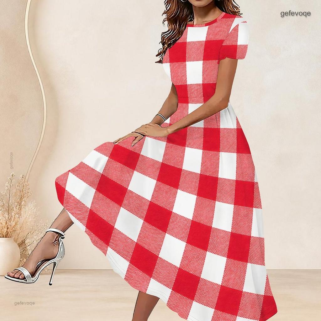 Women Plus Size White Printed Round Neck Short Sleeve Gathered Waist A Line Long Dress