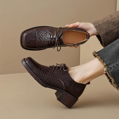Fashion NEW Spring/Autumn Women Pumps Square Toe Chunky Heel Shoes Genuine Leather Shoes for Women Retro Weave Lace-up Women Loafers