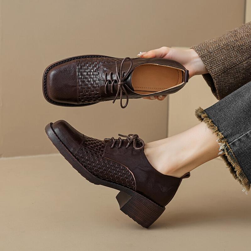 Fashion NEW Spring/Autumn Women Pumps Square Toe Chunky Heel Shoes Genuine Leather Shoes for Women Retro Weave Lace-up Women Loafers