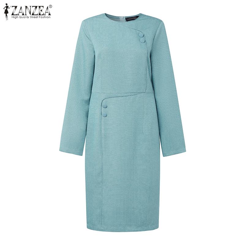ZANZEA Women Casual Round Neck Long Sleeve Sheath Dress