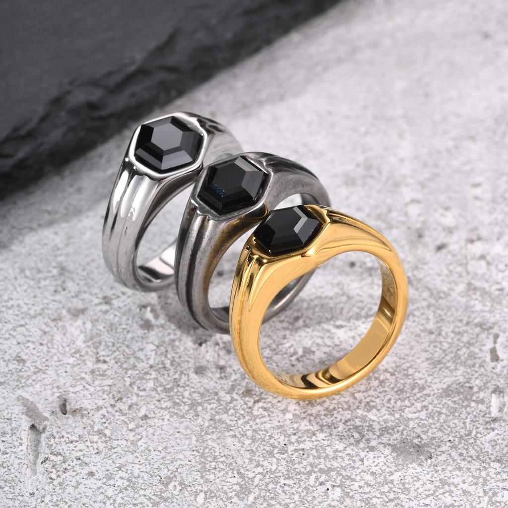 Stylish Black Stone Signet Ring for Men,Stainless Steel Geometric Zircon Band,New Punk Statement Jewelry Gift