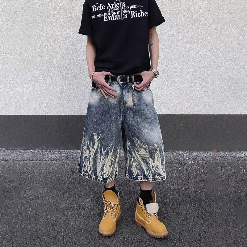 Men s Retro Washed Lightning Pattern Denim Shorts - High Street Loose Fit, Wide-Leg Cropped Pants for Summer S синий