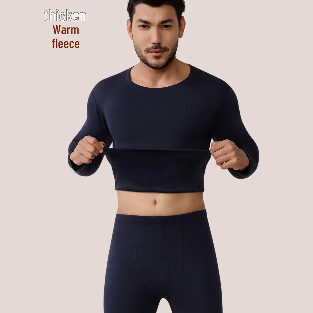 Men's and Women's Fleece-lined Crew Neck Warm Underwear Set: Heat-generating, Cold-proof, Pure Cotton for Autumn.