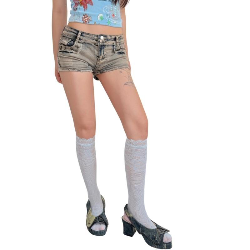 Ästhetische bunte gemusterte Overknee-Socken mit Spitzenbesatz Fischernetz-Gewebe Dehnbar Nylon Oberschenkelhohe Strümpfe für Damen