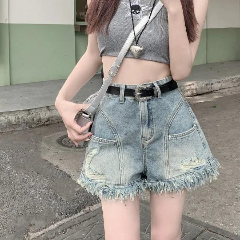 Retro Pear-shaped Wear High-waisted Denim Shorts for Women Summer Women s Temperament Design with Holes and Raw Edges New Style S синий