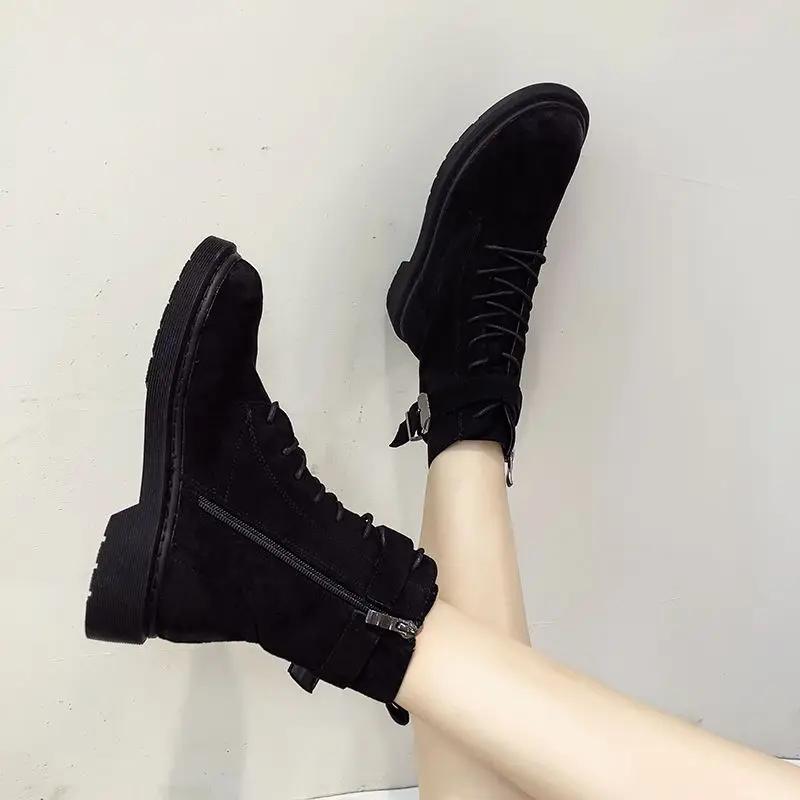 Fashion Booties Lace-up Black Warm Fleece-Lined Ankle Boots for Women Y2k High Quality Fashion 2025 Trend New Rock In Woman Short Shoes