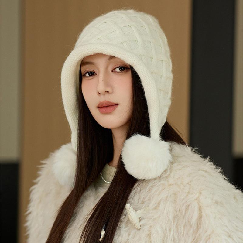 Winter Thick Velvet Knitted Hat Outdoor Warm Ear Protection Three Hair Ball Wool Hat