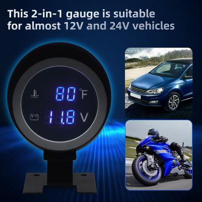 2 IN 1 LCD Gauge Blue LED Digital Water Temperature Gauge+Voltmeter with Water Temp Joint Pipe Sensor for Car 12V 24V