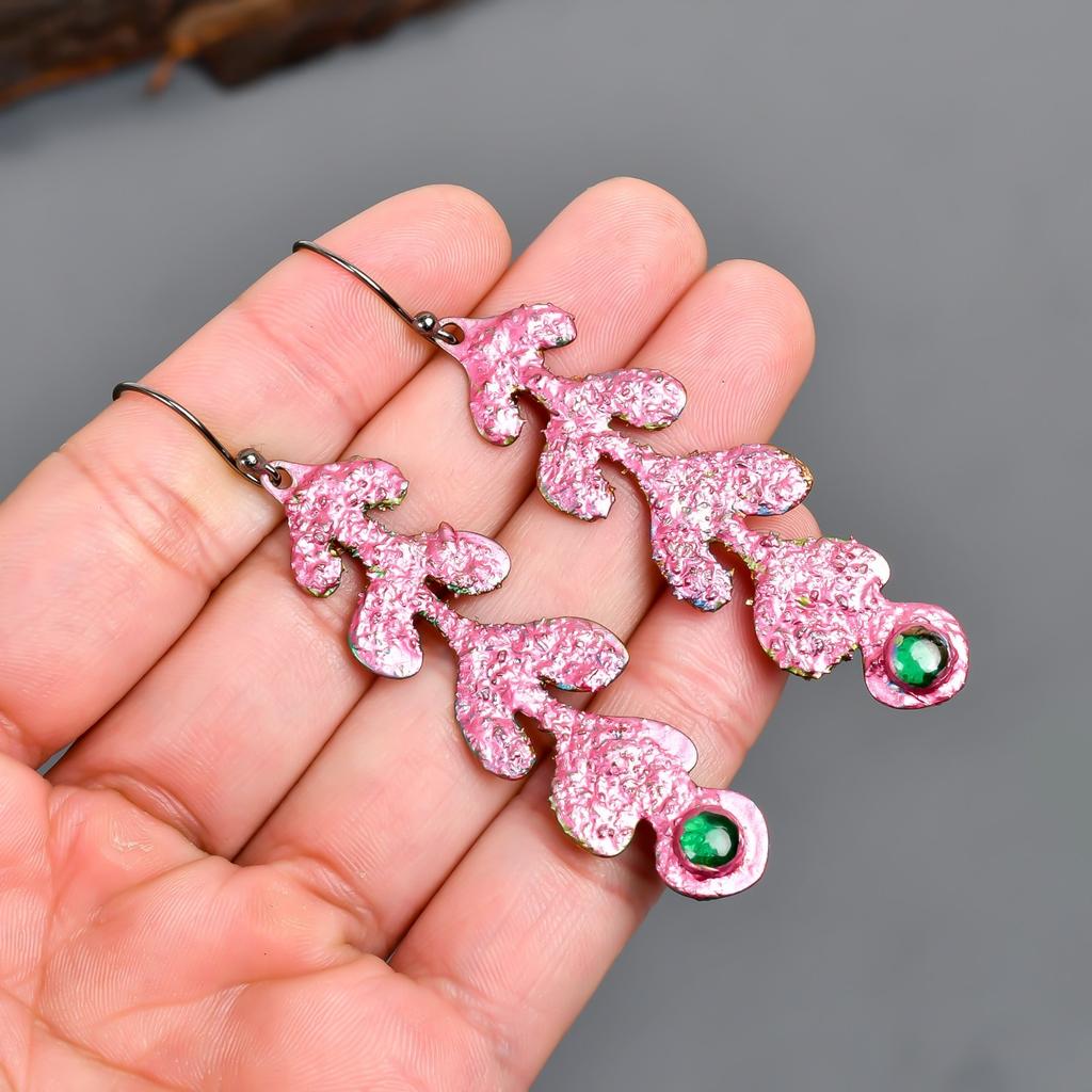 Round Emerald Stone Silver Plated Hook Drop Multi Electroformed Earrings Jewelry V-97