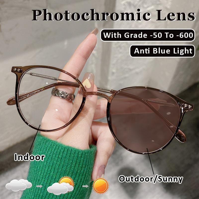 Photochromic Myopia Glasses Women Men Fashion Round Sun Glasses Girls Retro Ultralight Shortsighted Optical Eyeglasses 0 To -600