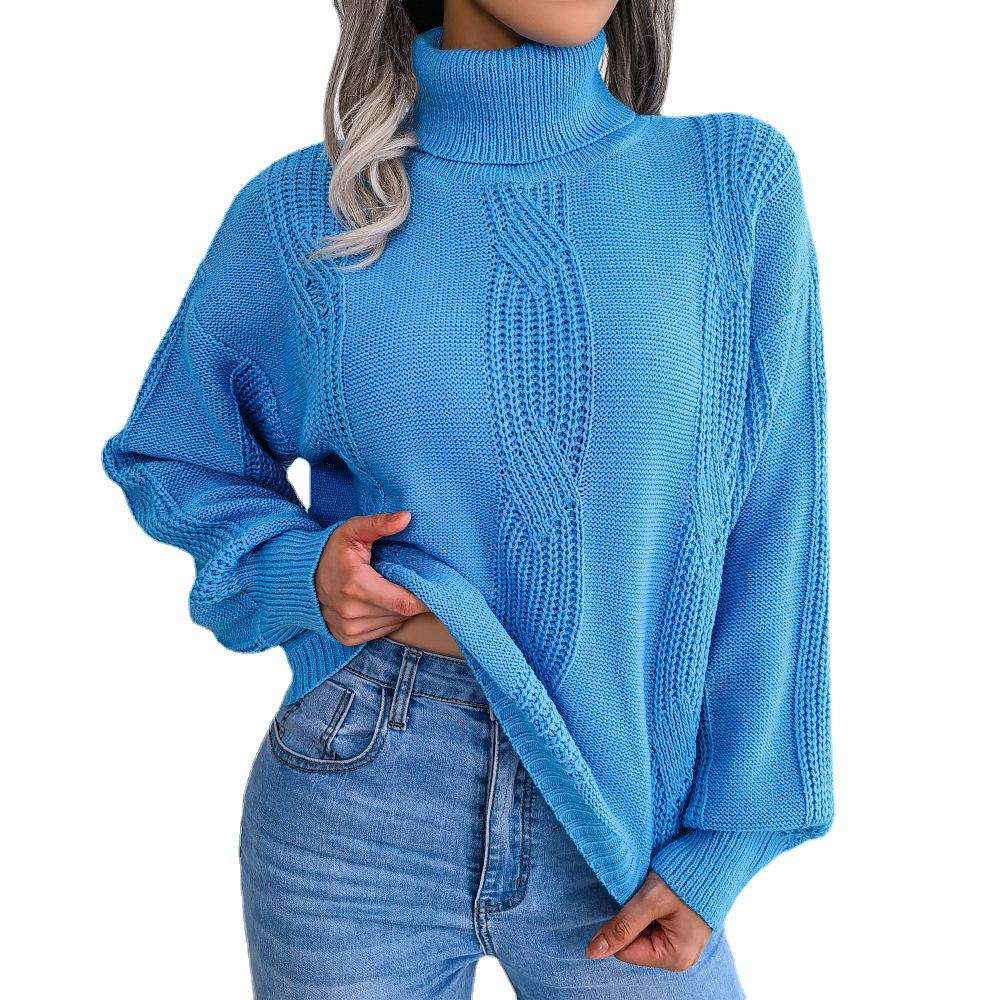 Damen Strickpullover Rollkragenpullover mit Laternenärmeln Basic Bottoming Jumper Lässiger warmer Pullover Top
