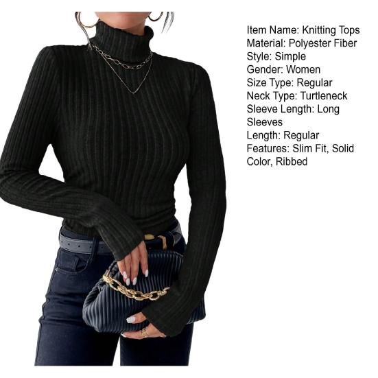 Women Knitting Tops Turtleneck Long Sleeve Solid Color Sweater Slim Fit Ribbed Bottom Tops Winter Knitwear