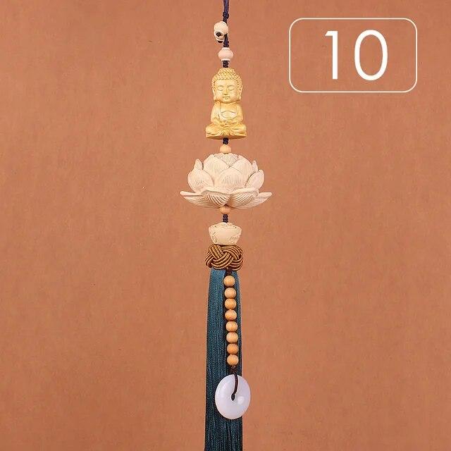 Chinese Style Lucky Fu Wooden Carved Lotus Buddha Statue Pendant Creative Gift Home Car Hanging Accessories Decor Auto Interior