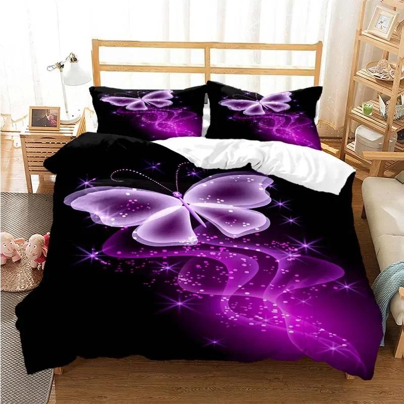 Purple Lavender Butterfly Comfortable Duvet Quilt Cover Pillowcase Bedding Set Children Bedroom Decoration Home Textile