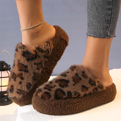 Nouvelles Mules à Talon Épais Luxe Laine d'Agneau Mode Femme Semelle Épaisse Fausse Fourrure Géométrique Imprimé Léopard Pantoufles en Fourrure Intérieur/Extérieur