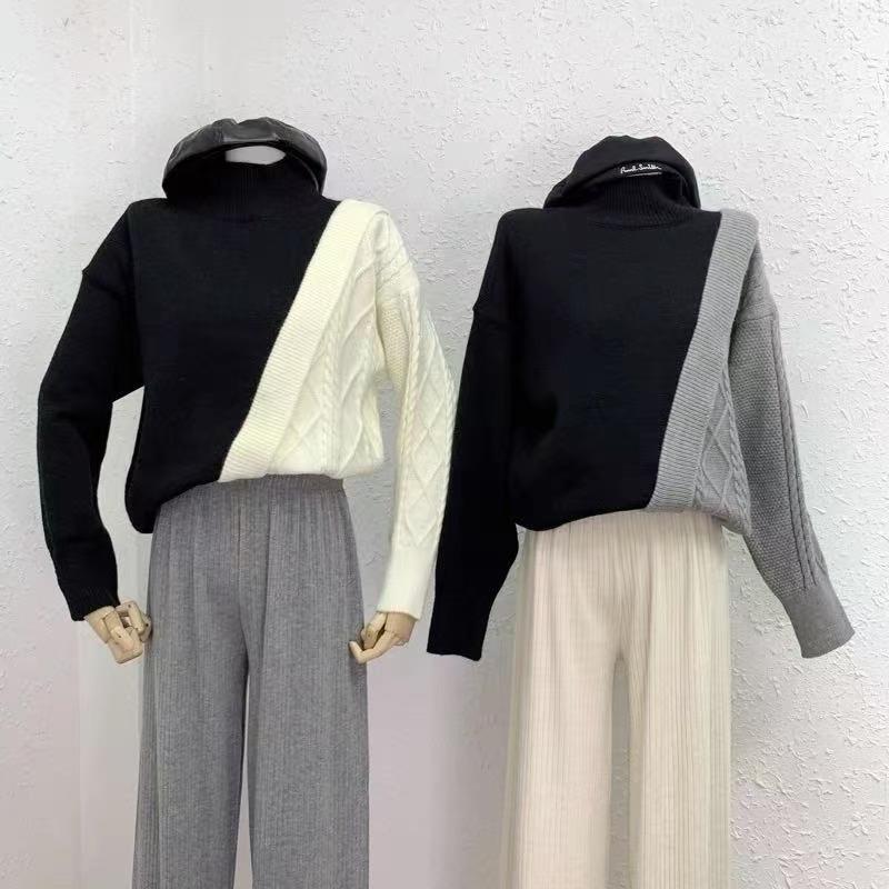 

European version design sense contrasting color splicing semi-turtleneck sweater women s autumn and winter loose outer top bottoming knitted sweater One size