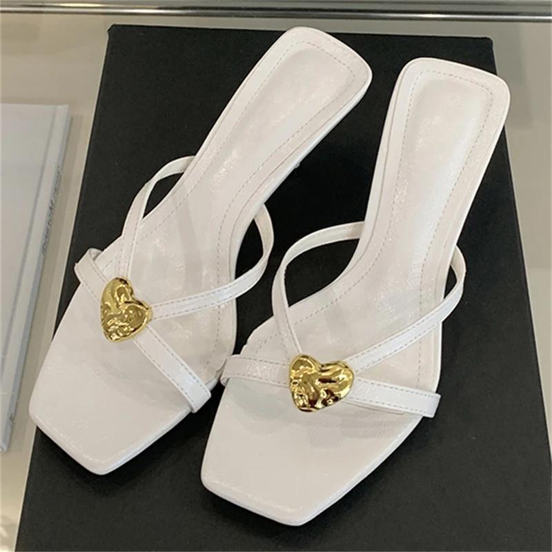 

Eilyken Summer Square Toe Women Slippers Narrow Band Sandals Thin Low Heels Party Female Slide Shoes Zapatos De Mujer 35 белый