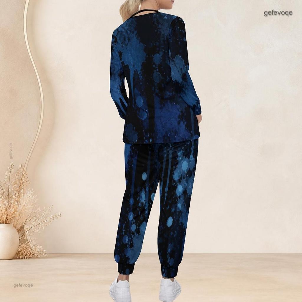 Women Plus Size Nurse Scrub Set V Neck Long Sleeve Printed Navy Blue Black Pocket Top And Pants