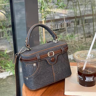 Niche Design Sense Portable Box Bag Women's New Fashion Denim Splicing Shoulder Bag Trend Simple Messenger Bag