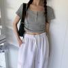 New Arrivals Open Run Women Cotton Spandex Button String Stitch Rib Short Sleeve