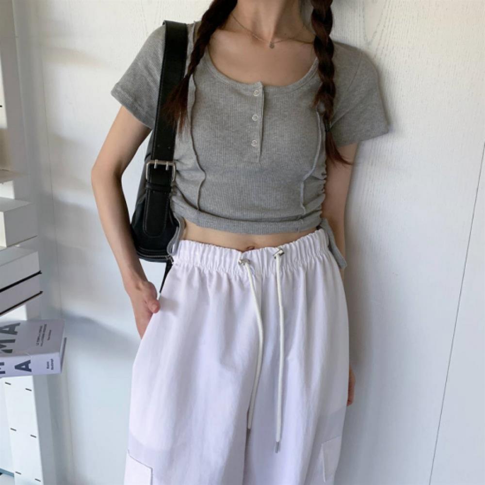 New Arrivals Open Run Women Cotton Spandex Button String Stitch Rib Short Sleeve