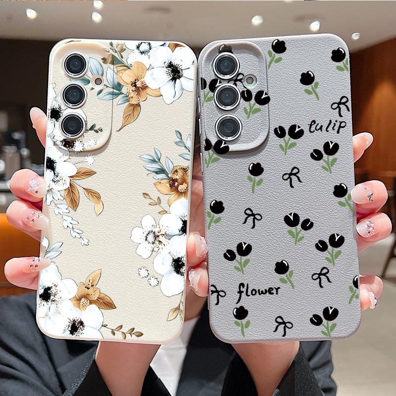 Coque Fleurie Rétro Rose Noire Pour Samsung S26 Ultra A57 A37 A17 A18 S25 S24 S23 S22 Ultra S21 FE A15 A35 A55 A16 A36 A56 5G Couverture Texture Cuir