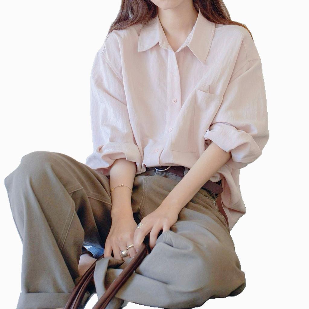Einfarbiges schlichtes Revershemd Damen Frühling Sommer Neu Lässig Große Tasche Drapierter Langarm-Top