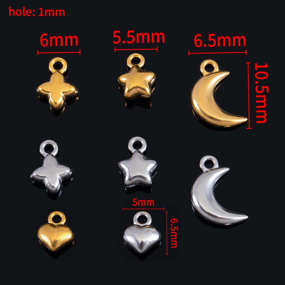 10pcs Stainless Steel Mini Heart Star Pendants Moon Necklace Charms for Earring Jewelry Making DIY Accessories Findings Supplies