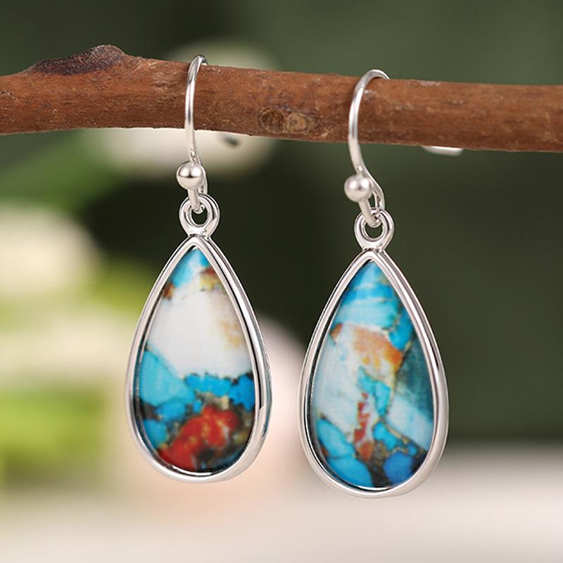 Silver Plated Oyster Turquoise Teardrop Drop Earrings, Natural Stone Boho Earrings for Women