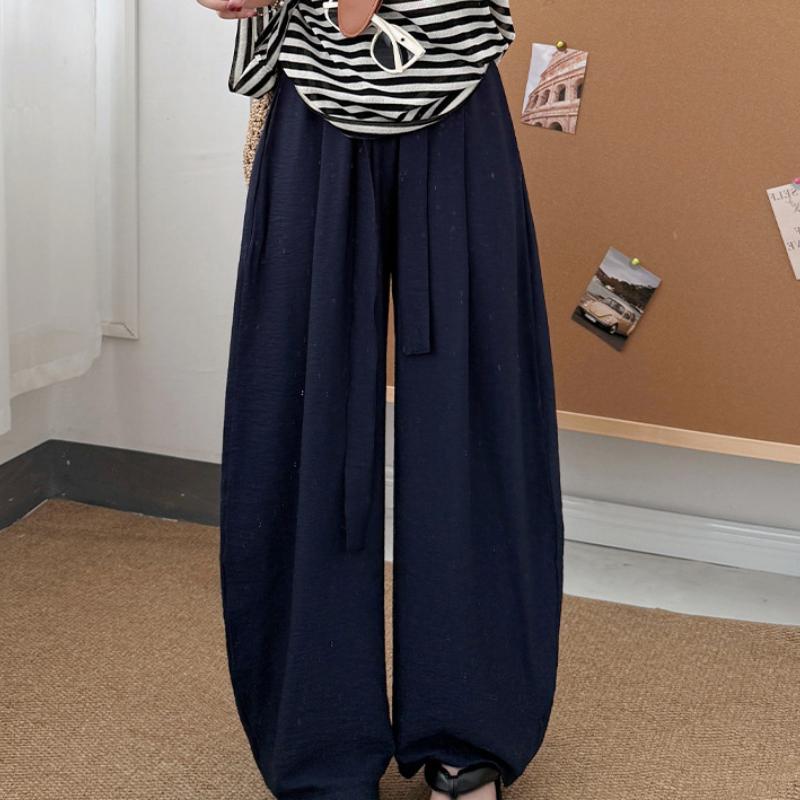 Women's Summer Thin High-Waisted Loose Lazy Casual Strolling Pants with Drape Linen Balloon Wide-Leg Trousers