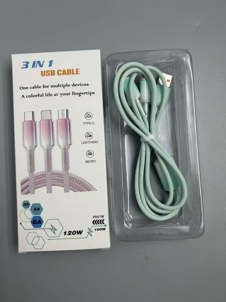 Crystal Ice Gradient 3-in-1 Braided Fast Charging Cable for Huawei & Apple 15 USB Devices
