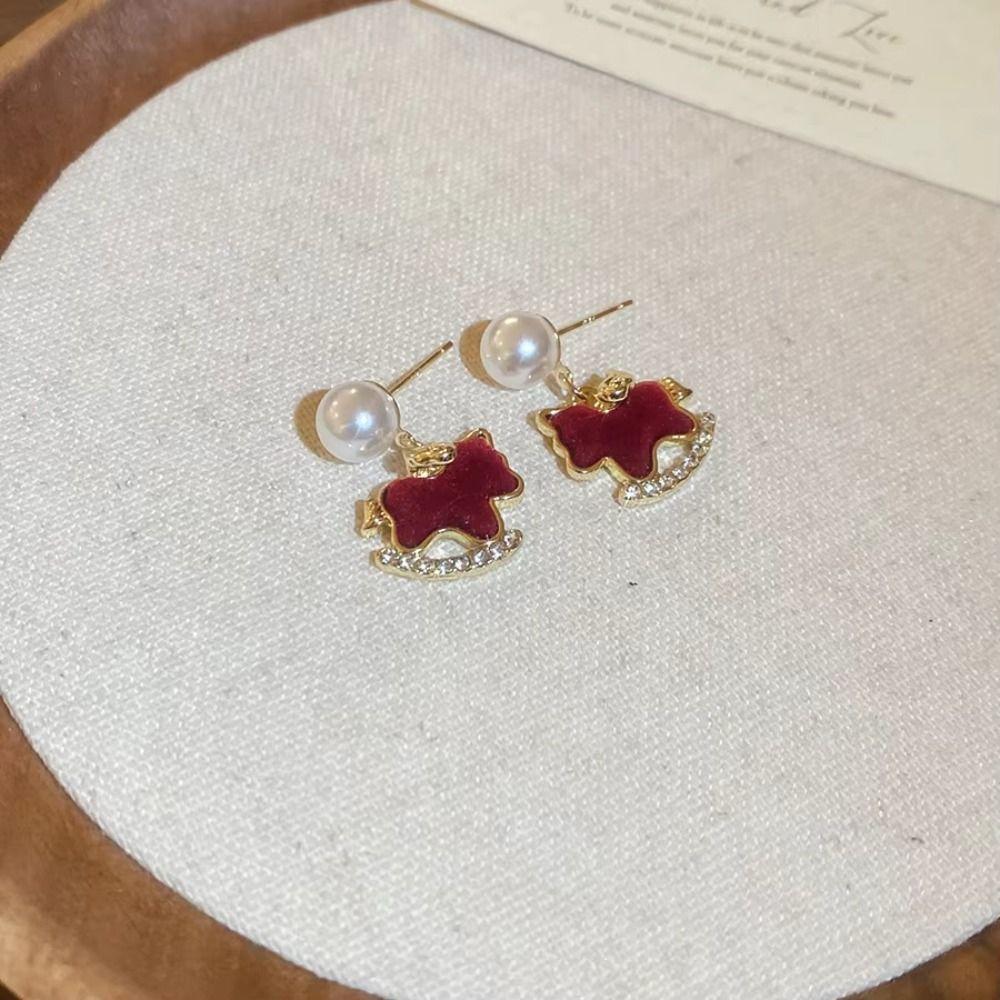 Rhinestone Zircon Horse Earrings Red Rocking Horse Earrings Cute Animal Earrings  Women Jewelry