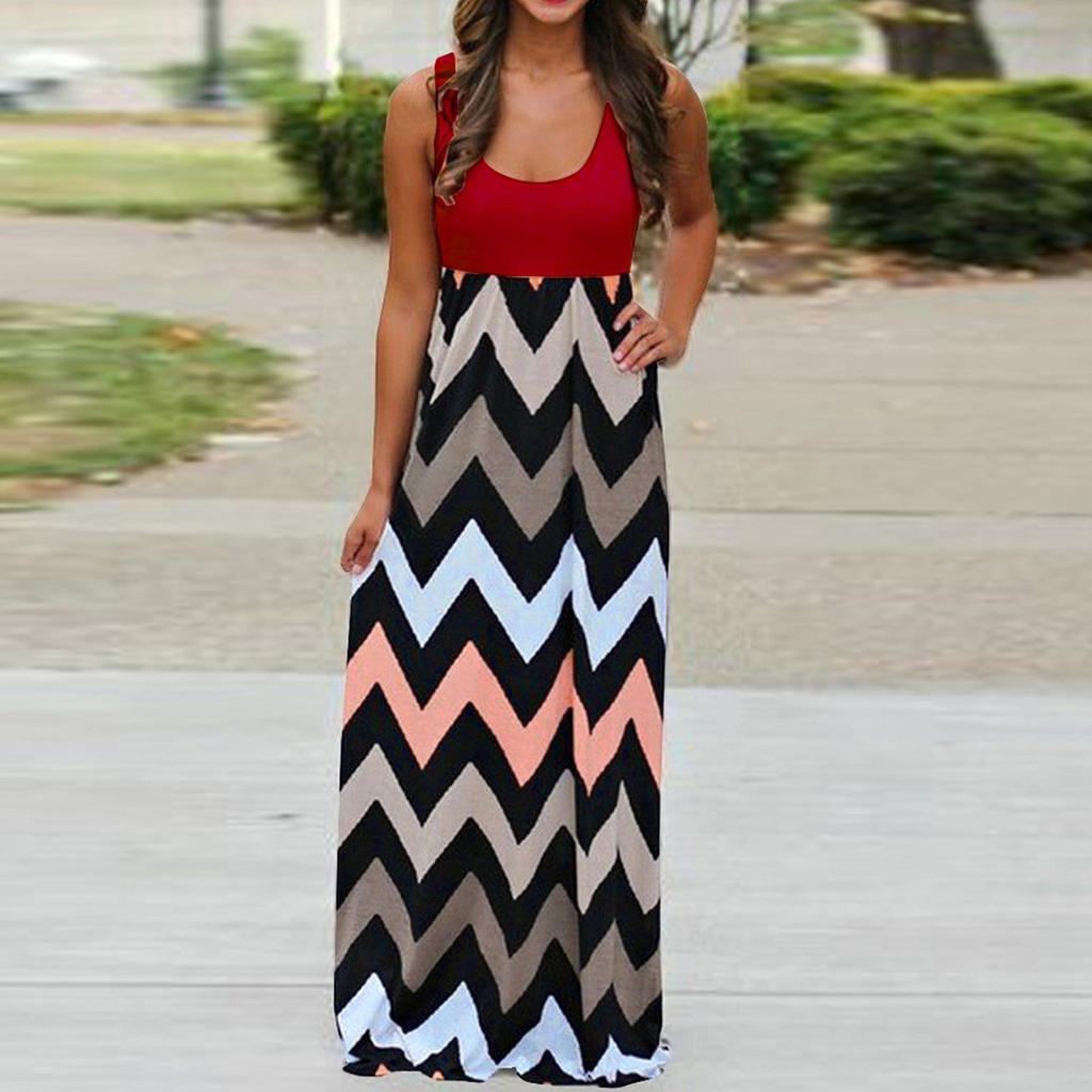 Womens Striped Long Boho Dress Lady Beach Summer Sundrss Maxi Dress Plus Size