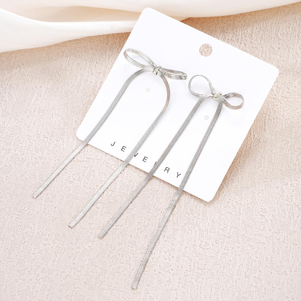 Fashion Bowknot Earrings for Women Vintage Simple Gold Silver Color Long Tassel Bow Drop Earrings Statement Jewelry Girls Gifts