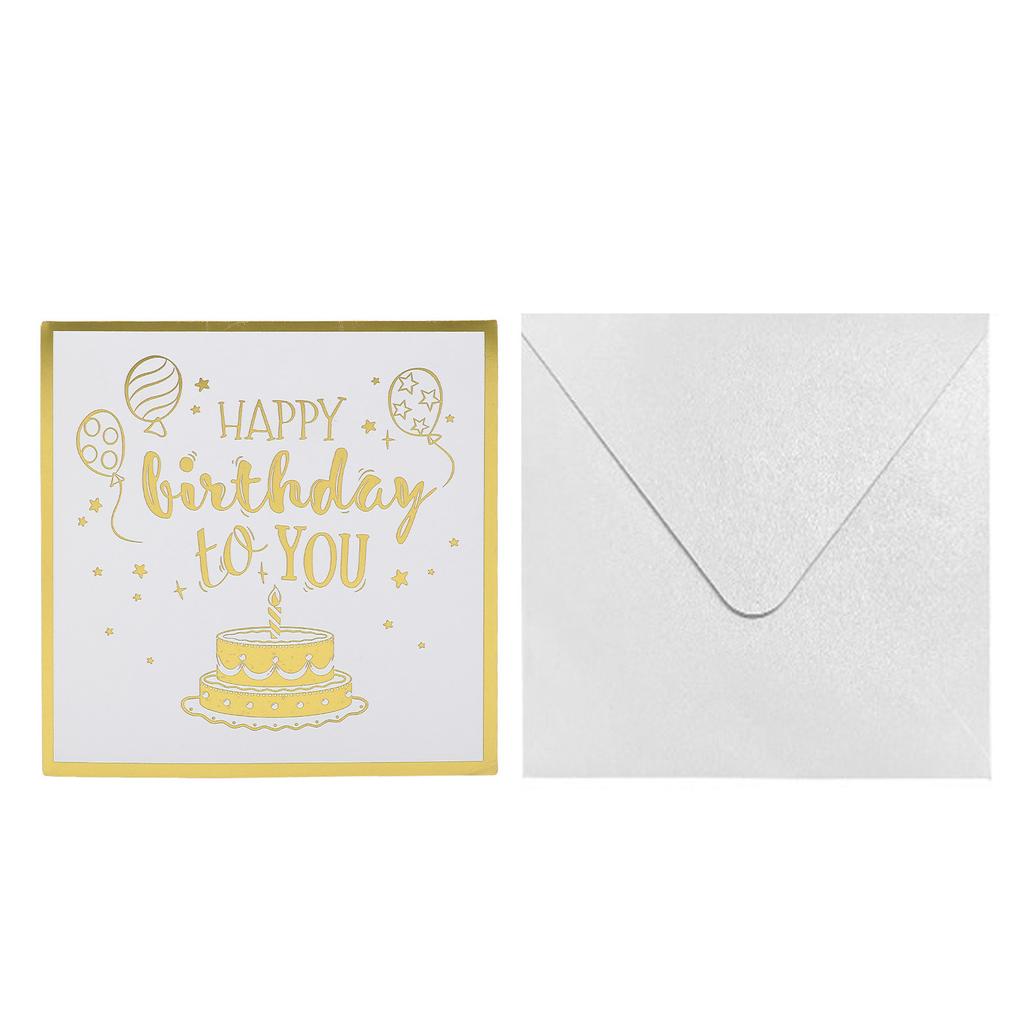 Birthday Card Cake Fireworks Stars Balloons 3D Birthday Greeting Card with Light Music Envelope for DIY Present Gold