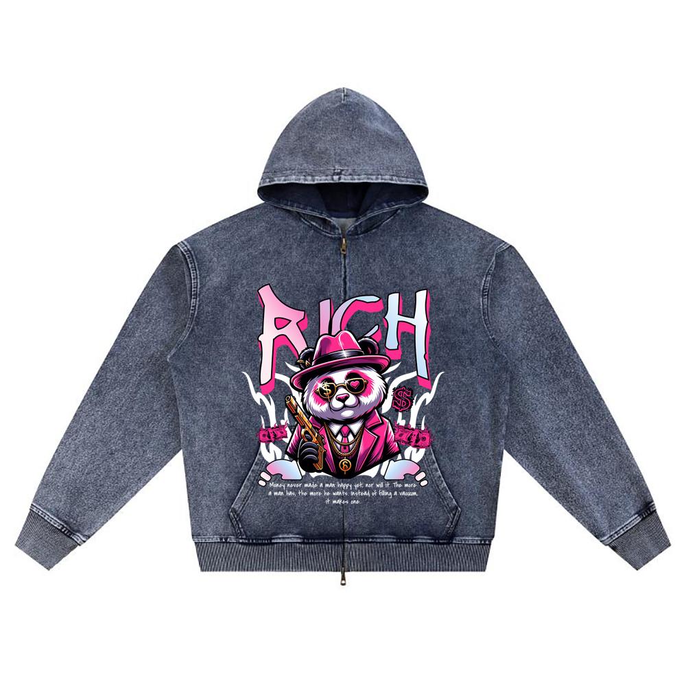 

DTG print Knitted Denim Zip-Up Hoodie Rich Panda Brother Print Zipper Hoodies XL темно-синий