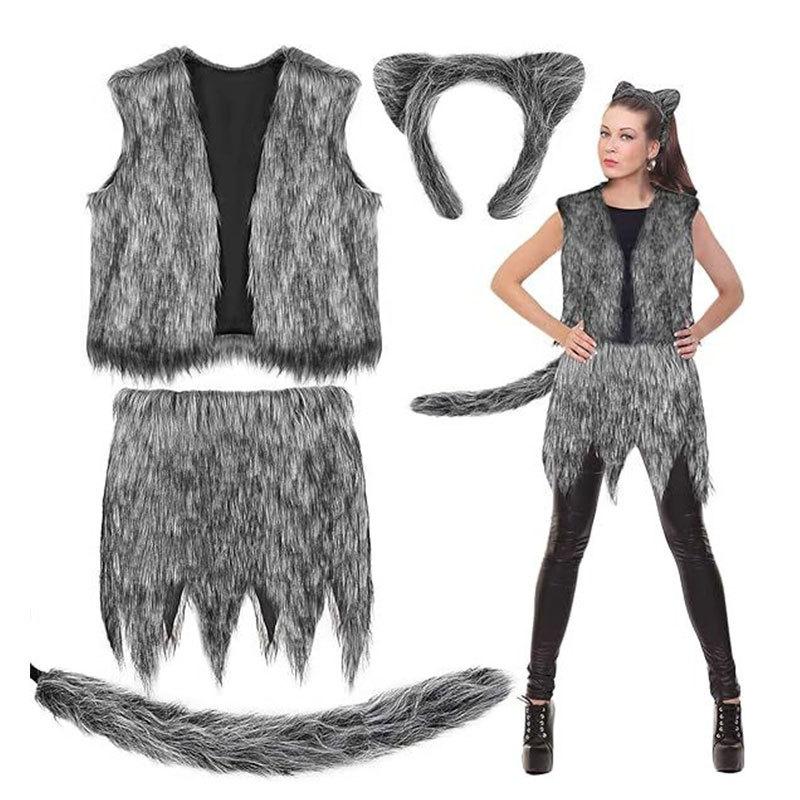 Halloween Vlkodlak Vlk Kostým Chica Dámský Šedý Vlk Cosplay Vesta Sukně Uši A Ocas Dospělý Dítě Karnevalový Kostým Set