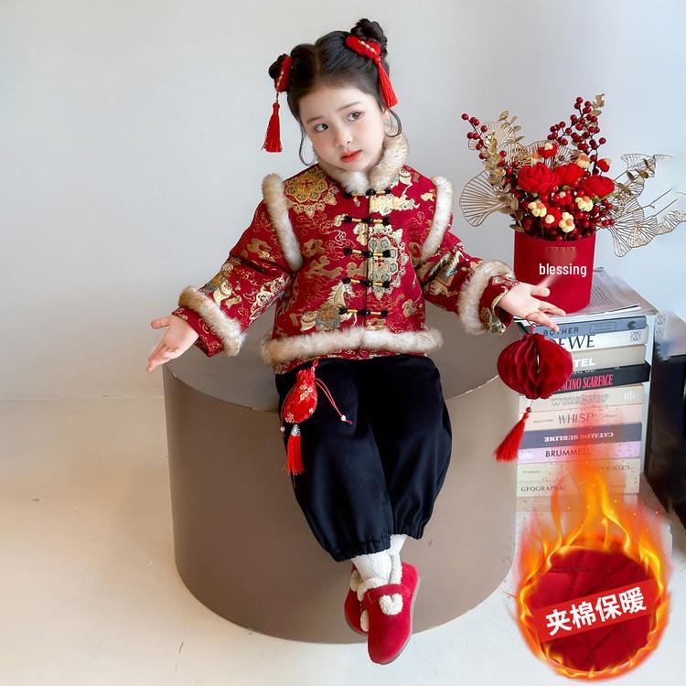 Girls' Winter 2025 New Year's Outfit with Fur Trim - Festive Baby Girl Clothing Set