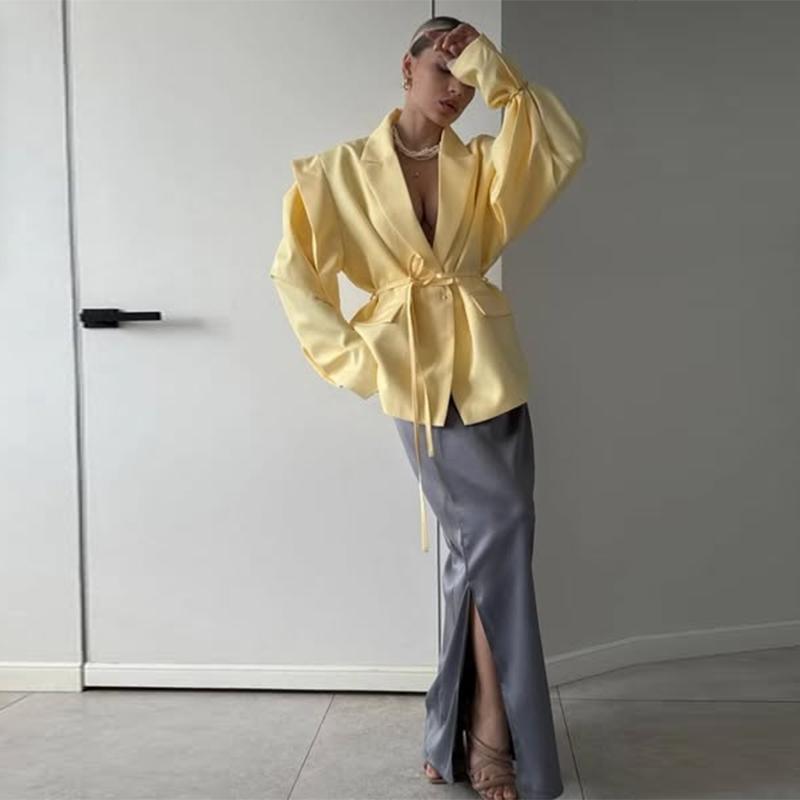 Lace Up Shoulder Pad Blazer Coat Women Elegant Turn-down Collar Long Sleeve Pockets Slim Fit Coats Chic Ladies Commute Outerwear