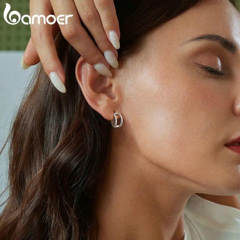 BAMOER White Gold Plated Huggie Earrings Small Hoop Earrings for Women, 925 Sterling Silver Hypoallergenic CZ Earrings
