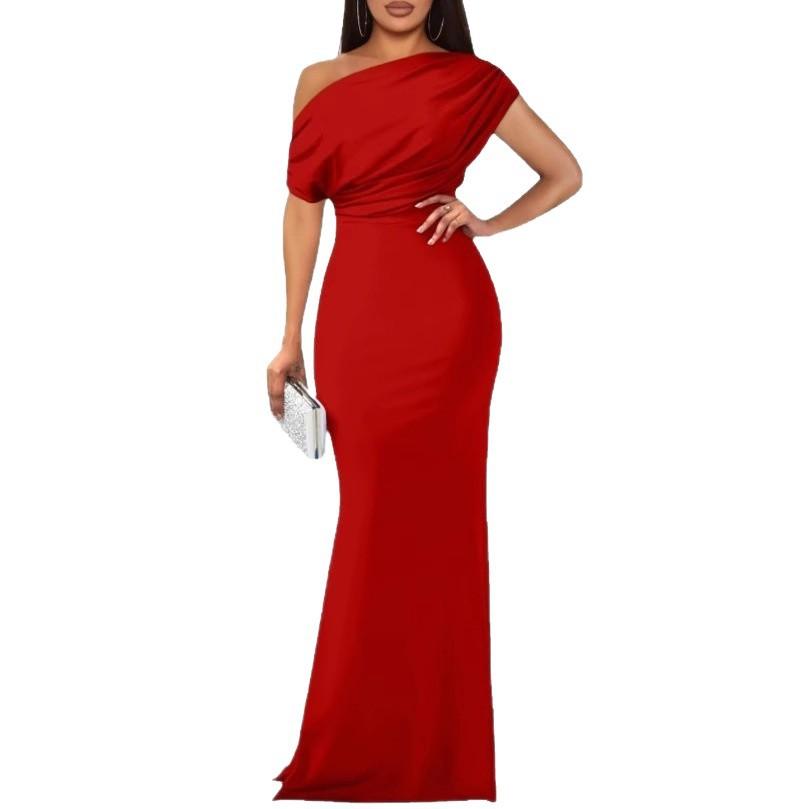 Dark Blue One Shoulder Fishtail Evening Gown with Short Sleeves