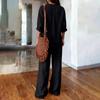 Women's Two-Piece -color Cotton And Linen Long-sleeved V-neck Top Straight-leg Casual Trousers Set